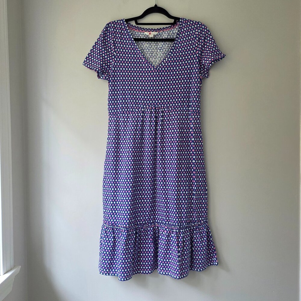 BODEN Melissa Jersey Dress Short Sleeve V-neck Ruffle Blue Pink Cotton Women 8R